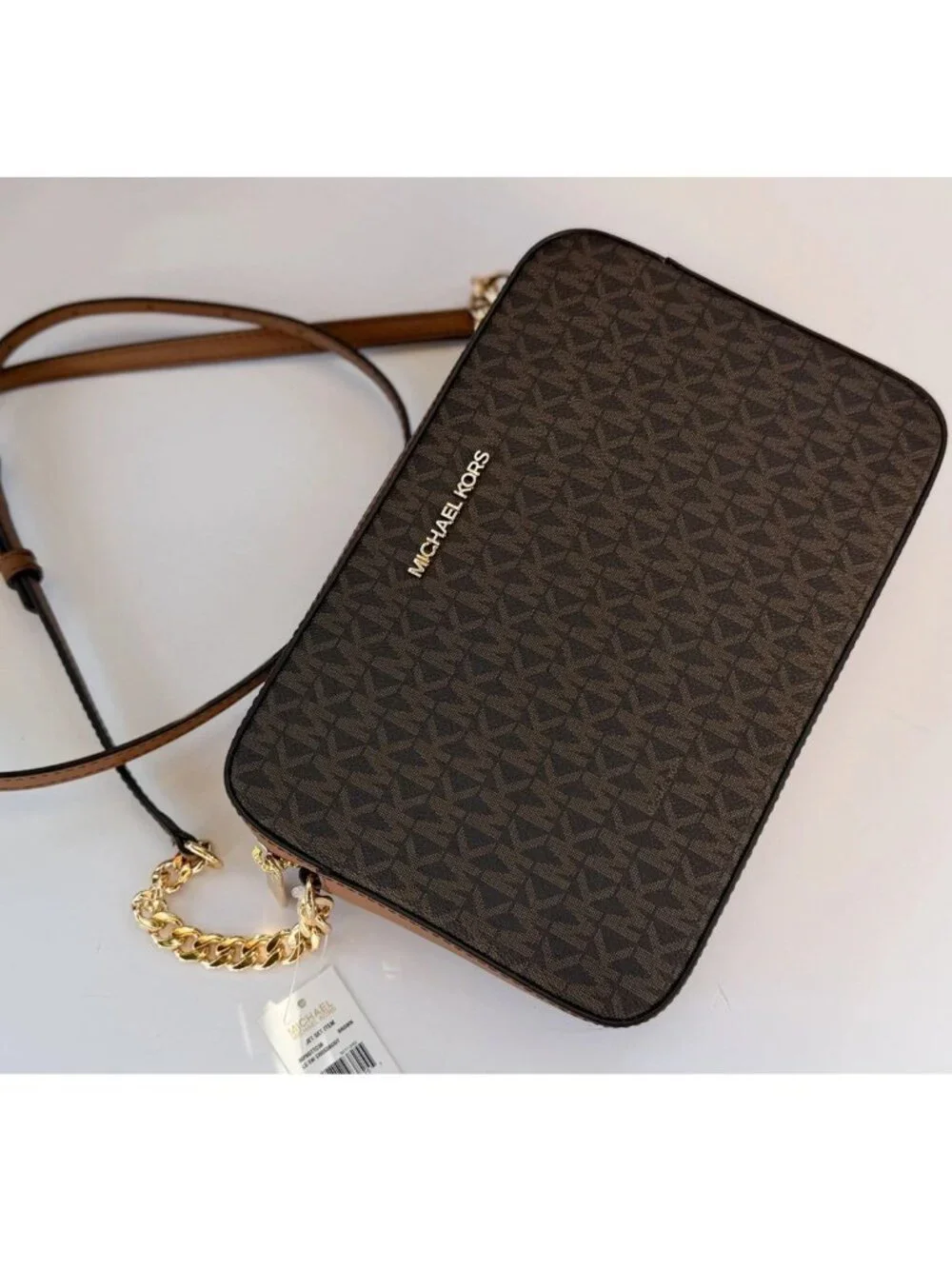 Michael Kors Jet Set East West Crossbody Bag Brown MK Signature PVC New